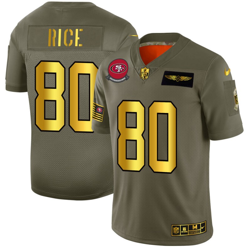 Men's San Francisco 49ers #80 Jerry Rice 2019 Olive/Gold Salute To Service Limited Stitched NFL Jersey